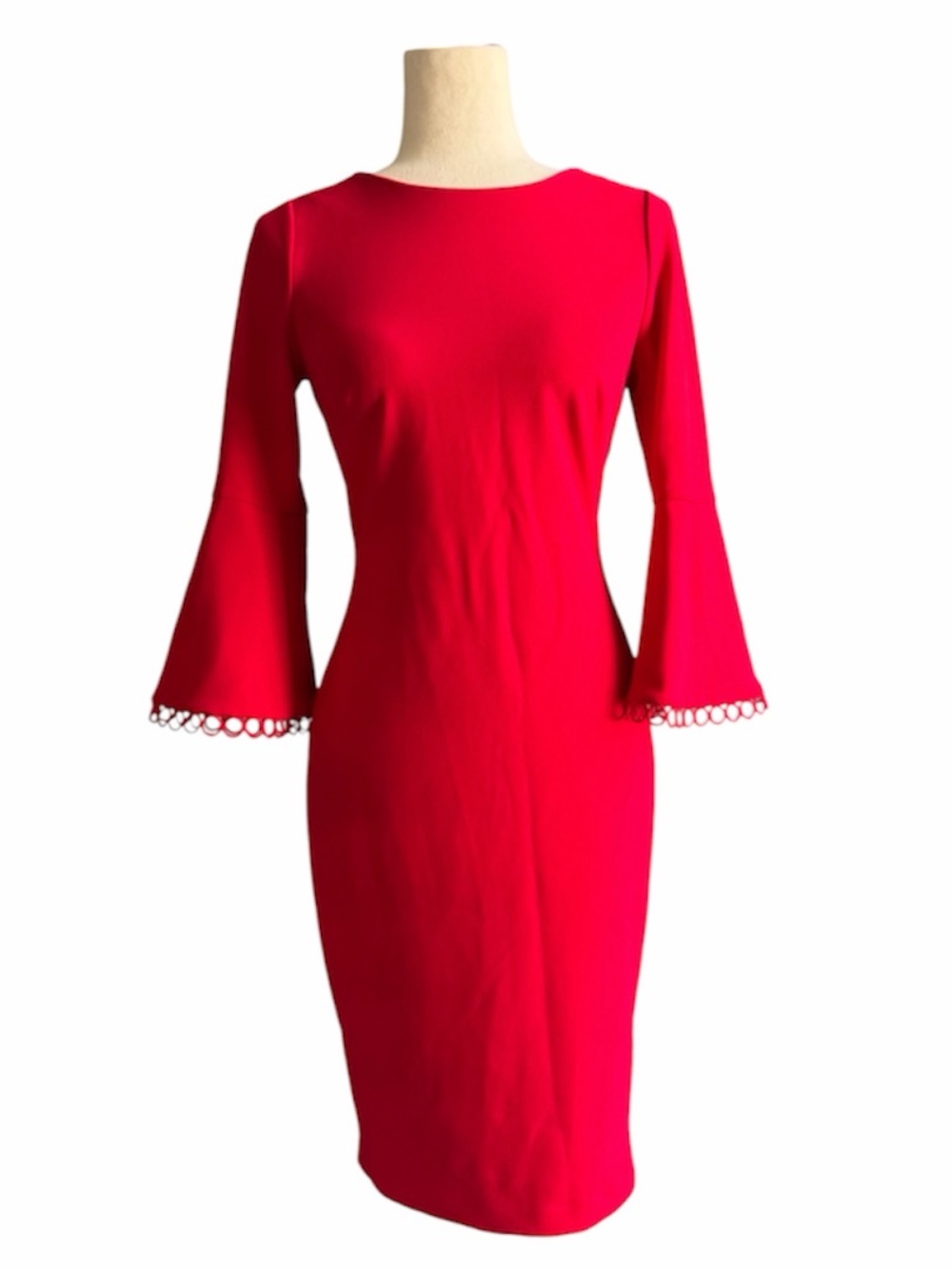 Calvin Klein Red Bell-Sleeve Sheath Dress crochet lace sleeve crew neck 2